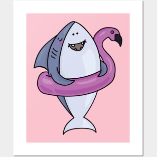 Floating Flamingo and Funny Cartoon Shark Posters and Art